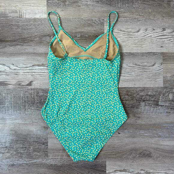 J.Crew One Piece Swimsuit Turquoise Yellow Lemon Print Retro Size 4 - Picture 3 of 8